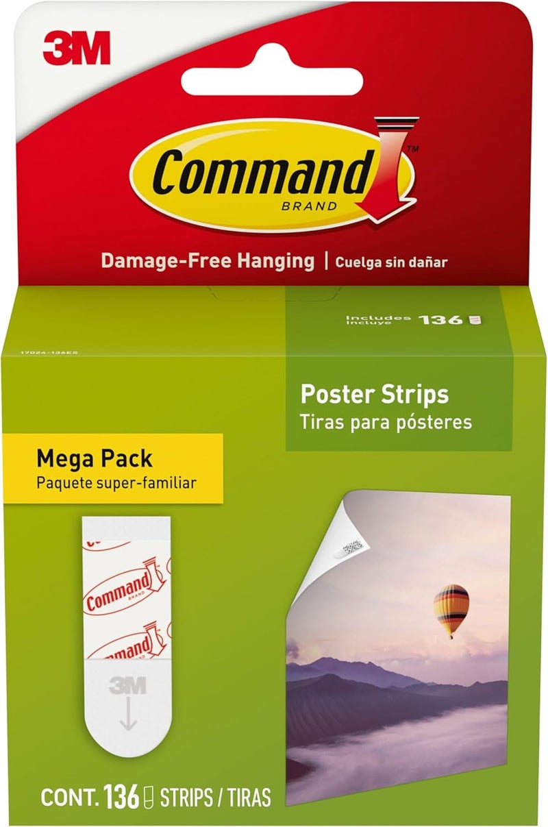 Command Poster Strips Mega Pack, 136 Strips Damage-Free Hanging Poster Hangers, No Tools Great for Home, Room, Wall, and Office Decor, White Adhesive (Pack of 12) - Image 1